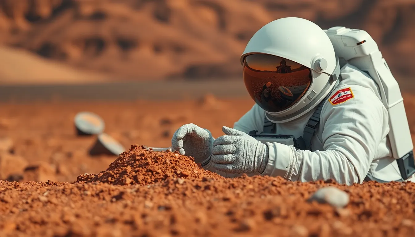 Astronaut Harvesting Samples on Mars This image depicts an astronaut harvesting samples from the Martian surface, surrounded by the vivid red rocky terrain of Mars. The focus on the astronaut creates an intimate moment captured in a shallow depth of field, with the blurred landscape enhancing the feeling of isolation. Muted tones of red, brown, and soft shadows set a contemplative mood, while the textures of the soil and the reflective visor provide intricate detail. This image encapsulates the spirit of exploration and scientific discovery on another planet.