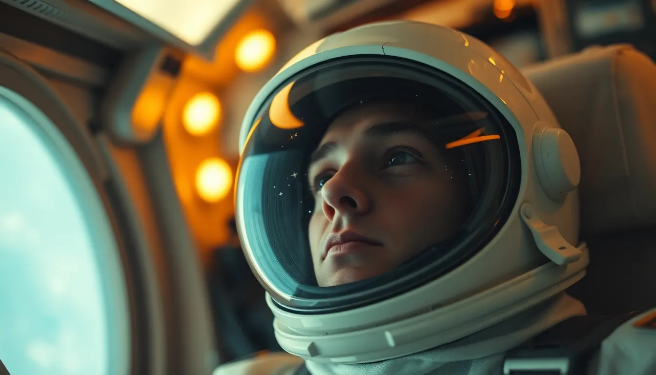 Astronaut in Zero Gravity Inside Spacecraft An astronaut floats in the coziness of a spacecraft, surrounded by the vastness of space, as stars reflect off their helmet. The warm lighting creates an inviting atmosphere, sharply contrasting with the cold, dark expanse outside. The shallow depth of field highlights the intricate details of the helmet and the subtle textures of the astronaut’s suit. This intimate close-up captures the perfect blend of human emotion and the grandeur of exploration beyond our planet.