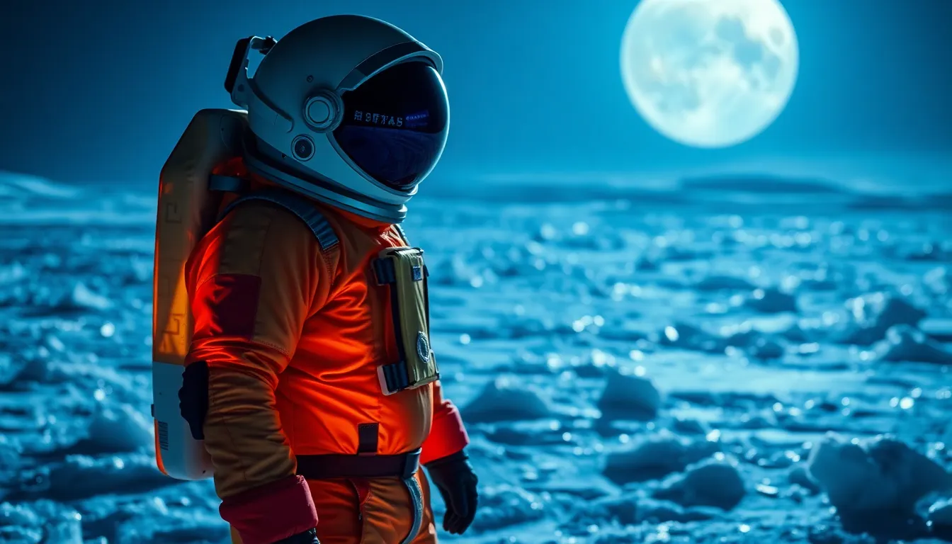 Astronaut on an Icy Moon Under Distant Light