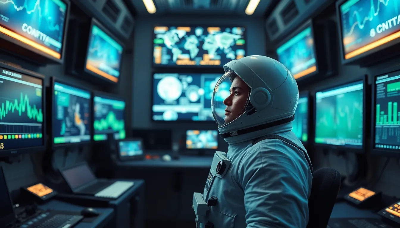 Astronaut Analyzing Data in a Control Room This dynamic image features an astronaut deeply engaged in their work within a cutting-edge control room, surrounded by an array of monitors displaying critical data. The soft lighting creates a professional atmosphere, highlighting the astronaut's focused expression and detailed suit. The vibrant color scheme emphasizes the advanced technology and enhances the sense of urgency and importance in their mission. The composition effectively balances the astronaut and surrounding equipment, inviting viewers into the high-stakes world of space exploration.