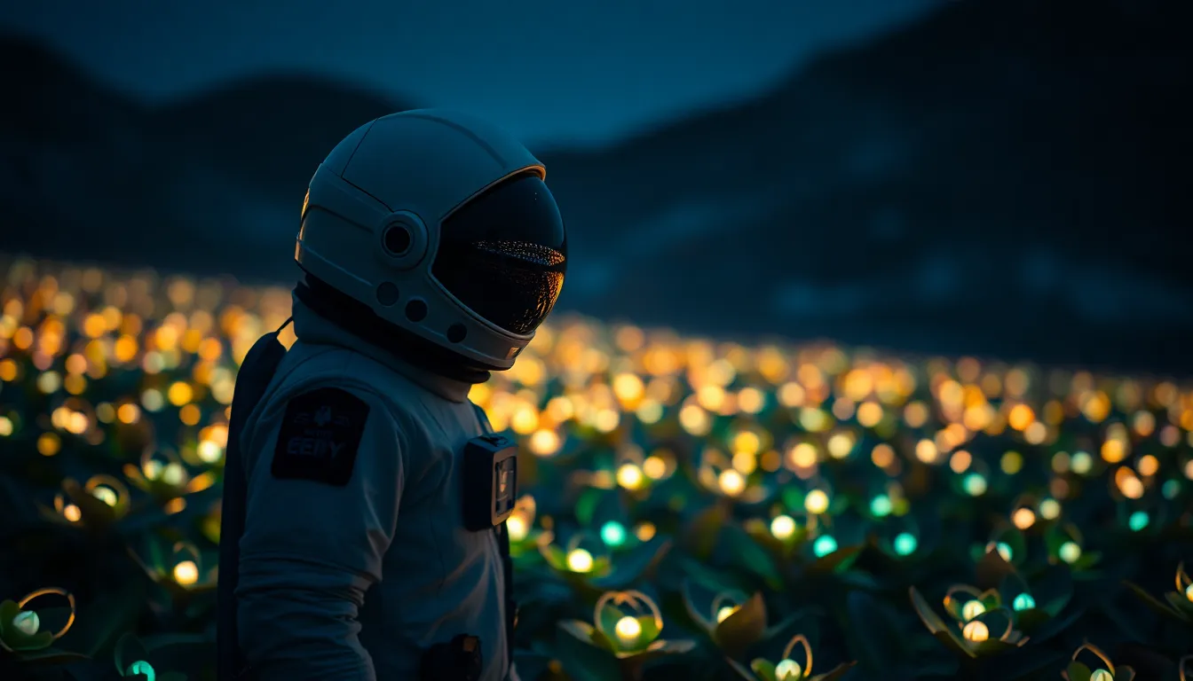 Astronaut on Bioluminescent Alien Planet