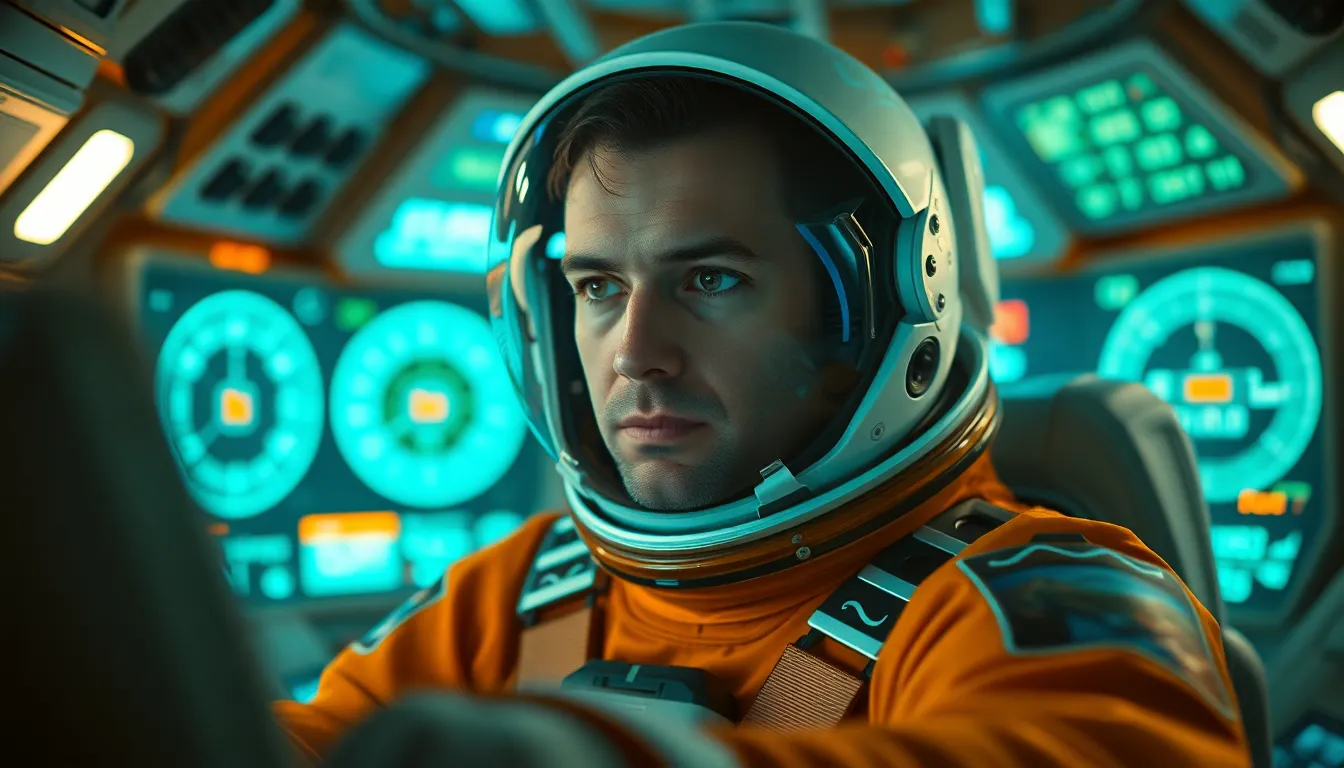 Astronaut in Futuristic Spacecraft Cockpit