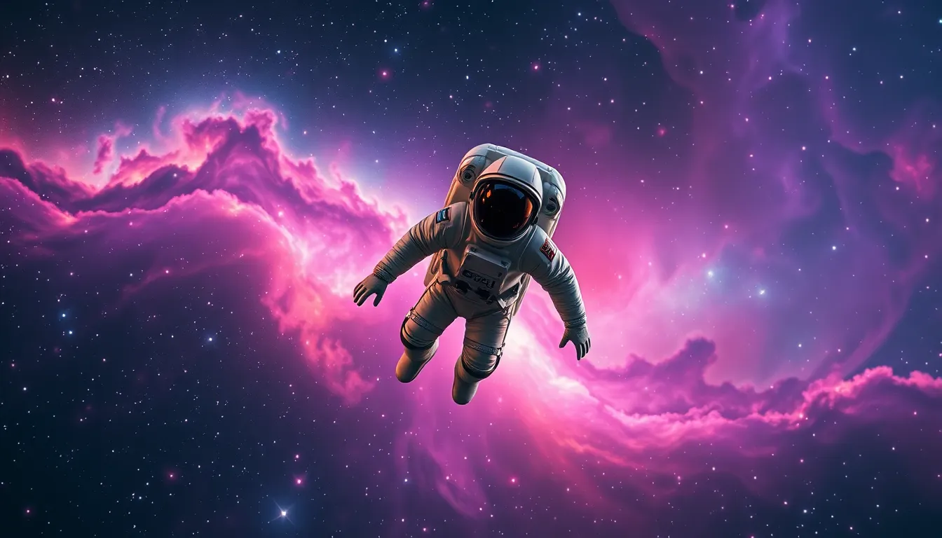 Astronaut Gliding Through Colorful Nebula