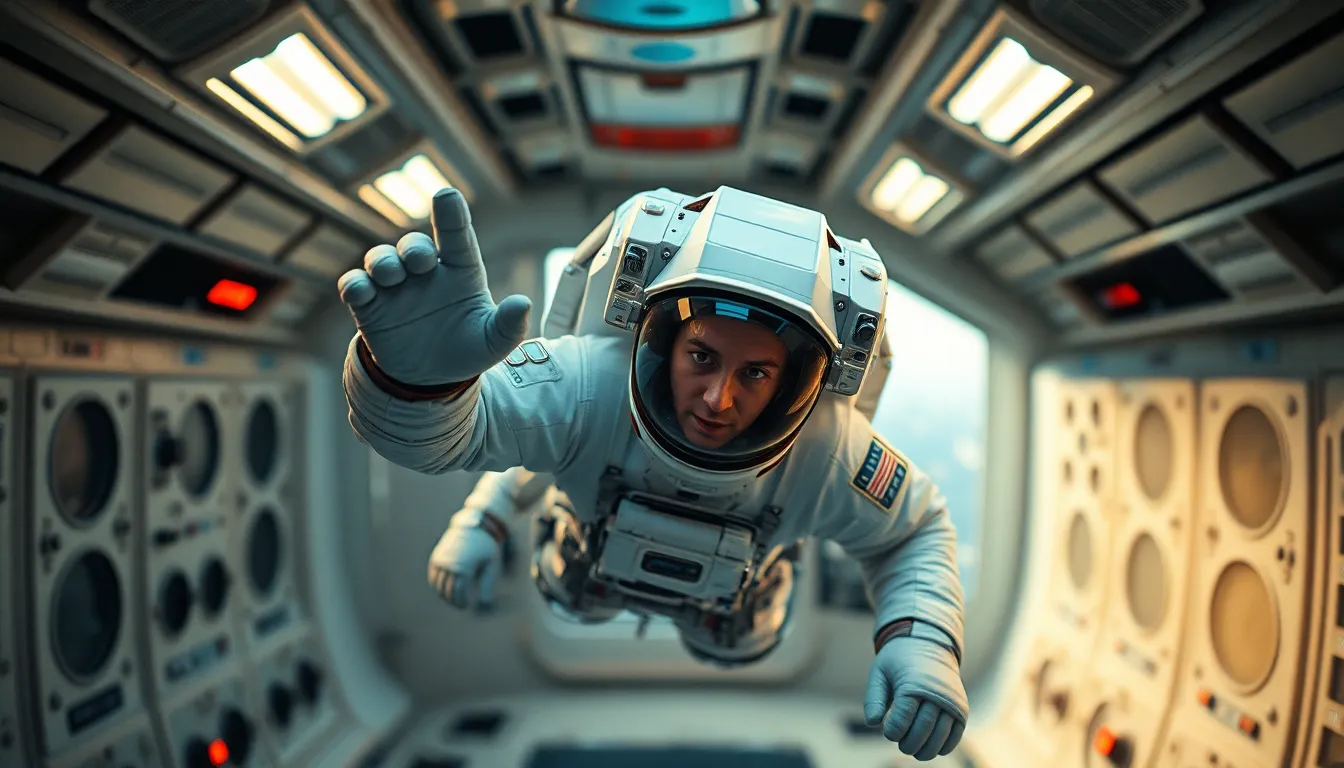 Astronaut Floating in Zero Gravity Inside Spacecraft This intimate image portrays an astronaut floating gracefully in a zero-gravity environment aboard a spacecraft. Warm practical lighting creates a cozy ambiance, highlighting the intricate details of the spacecraft's controls. The astronaut’s focused expression and sleek suit stand out, surrounded by soft bokeh that suggests the vastness of space beyond. The composition draws attention to their serene presence as they navigate the complexities of their environment.