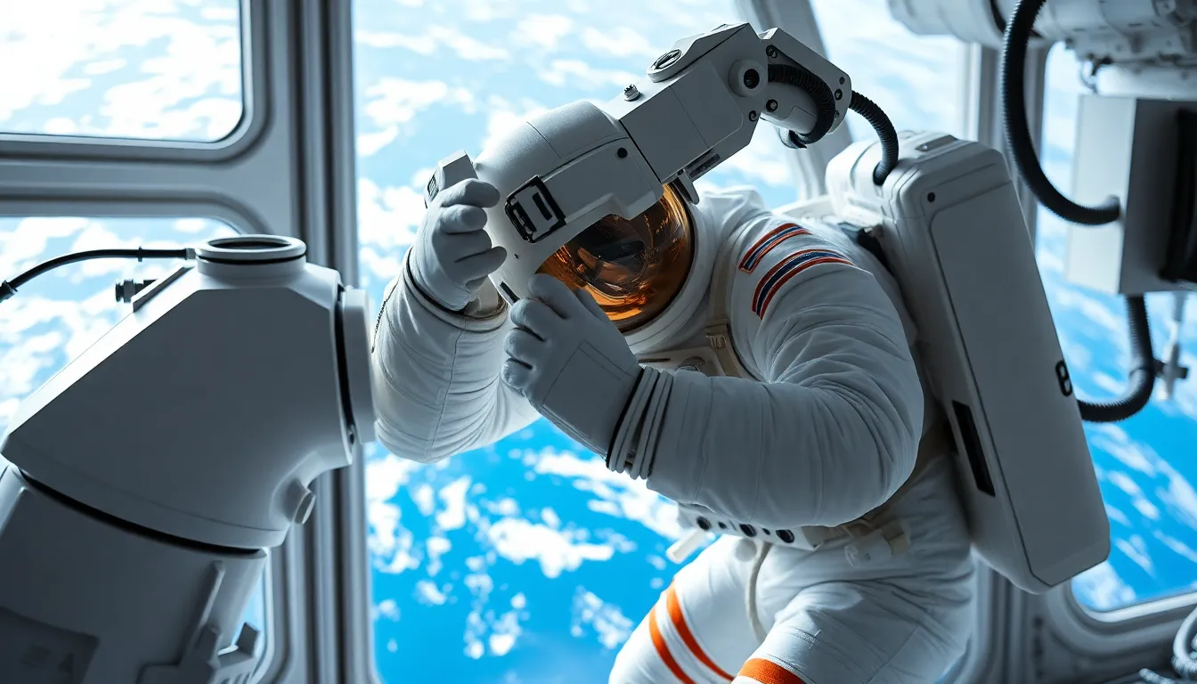 Astronaut with Robotic Arm in Space Station