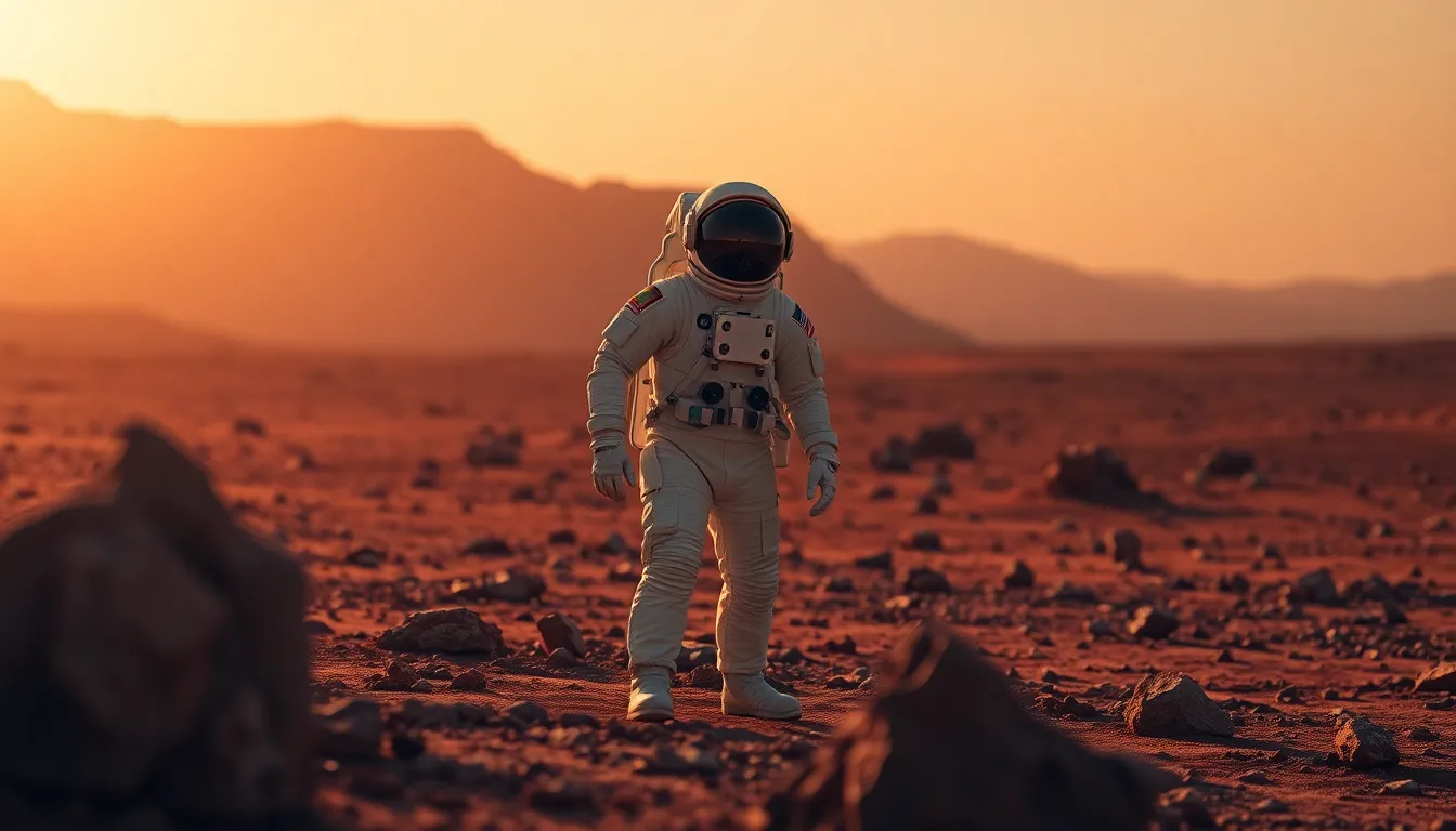 Astronaut on the Surface of Mars at Sunrise
