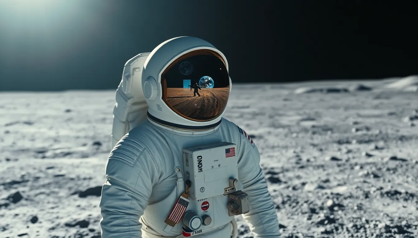 Astronaut on the Moon's Surface This image captures an astronaut on the moon’s surface, showcasing the rugged terrain and bright sunlight. The reflection of Earth in the astronaut's visor adds a poignant touch, linking humanity to the distant world. The sharply detailed lunar regolith is contrasted against the astronaut's gear, emphasizing the stark beauty of the lunar environment. With muted tones and a centered composition, this photograph represents a timeless moment in space exploration.