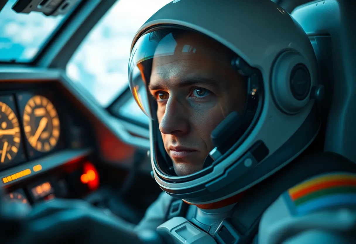 Astronaut in Spacecraft Cockpit This captivating image shows an astronaut intensely focused on the controls of a futuristic spacecraft, with Earth visible through the window. The ambient light from the instruments casts a gentle glow on their face, creating a warm contrast with the cool metallic tones of the cockpit. The selective focus highlights the astronaut's eyes, conveying a sense of determination and purpose. This deep connection between the astronaut and technology underscores the spirit of exploration and adventure in space.