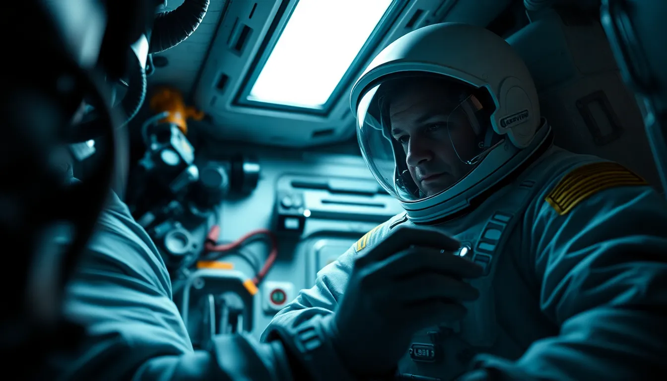 Astronaut Conducting Repair Inside Space Station