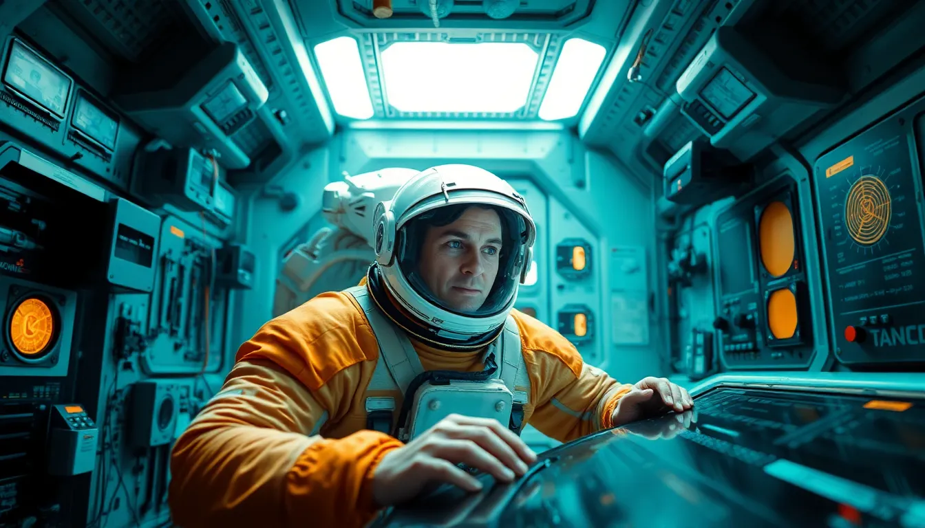 Astronaut Working Inside Space Station Control Room An engaging image portraying an astronaut deeply focused on a control panel in the high-tech environment of a space station. The soft overhead lighting enhances the intricate details of the astronaut's space suit and the advanced technology surrounding them. The modern teal and orange color grading creates a captivating atmosphere that reflects the cutting-edge nature of space exploration. This dynamic shot encapsulates the essence of scientific discovery and human ingenuity in orbit.