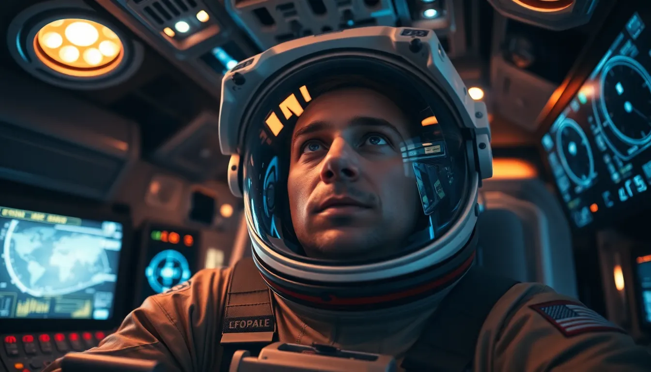 Astronaut Concentrating Inside Spacecraft Cockpit