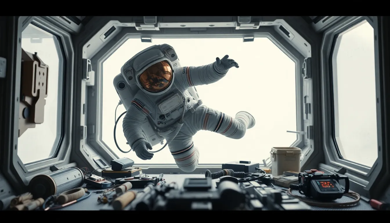 Astronaut in Spacecraft with Floating Tools Inside a spacecraft, an astronaut drifts weightlessly among floating tools and equipment in a serene, high-tech environment. Soft, diffused daylight filters through the cabin, casting gentle shadows that highlight the intricate details of the astronaut's suit. The muted metallic color palette creates a calm atmosphere, while the floating objects add a sense of dynamic motion. This captivating scene showcases the challenges and wonders of life in space, emphasizing the exploration spirit of humanity.