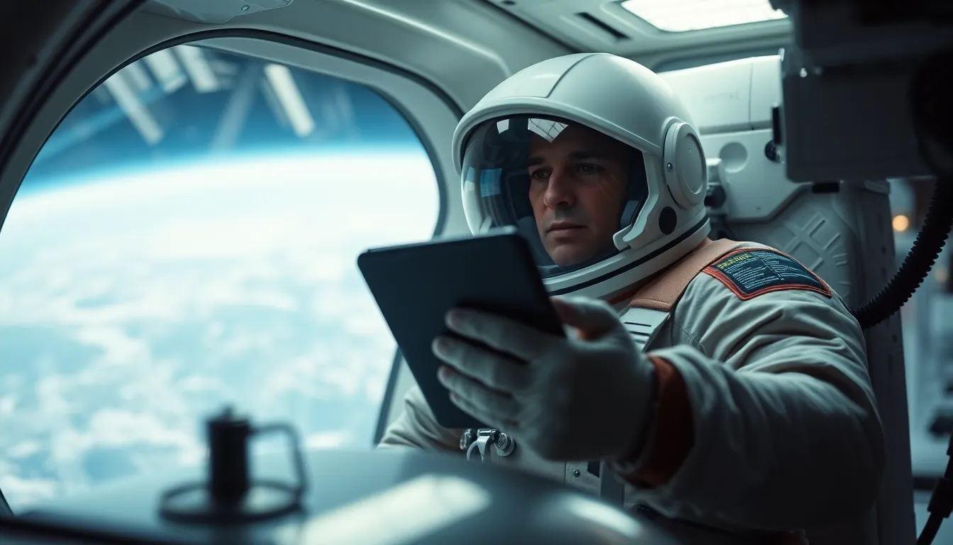 Astronaut Reviewing Data Inside Spacecraft