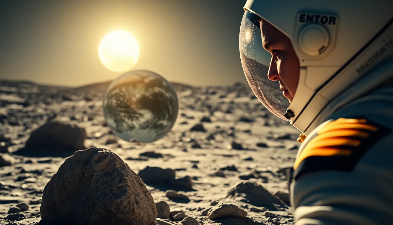 Astronaut Inspecting Lunar Landscape with Earth Rising