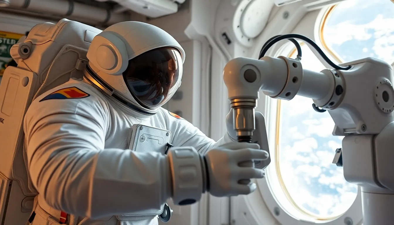 Astronaut Interacting with Robotic Arm