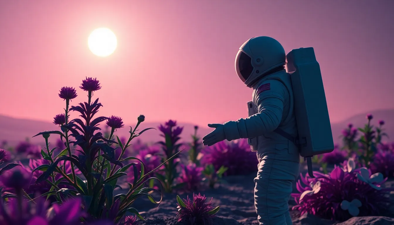 Astronaut Discovering Alien Flora This imaginative image depicts an astronaut exploring an otherworldly landscape filled with vibrant alien flora on a distant moon. Bathed in diffuse moonlight, the scene emanates a dreamlike quality with surreal purples and greens dominating the color palette. The astronaut is sharply focused, interacting curiously with the unusual plants, while the leading lines of the vegetation guide the viewer's eye. This captivating exploration moment celebrates the spirit of discovery in extraterrestrial environments.