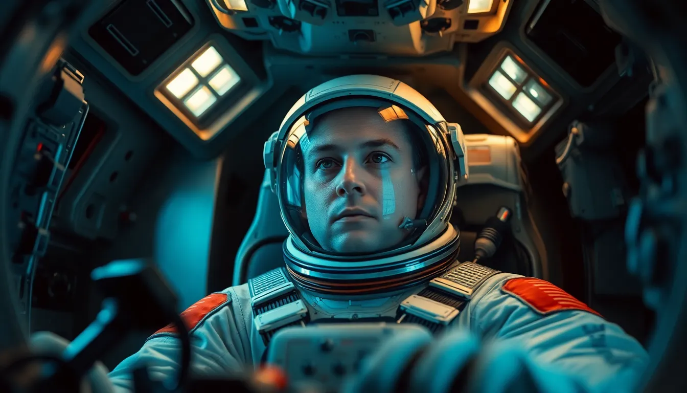 Astronaut Preparing for Launch Inside Spacecraft This compelling image depicts an astronaut inside a spacecraft, poised for launch. Soft overhead lighting creates an intimate atmosphere, accentuating the cockpit's intricate controls and the astronaut's focused expression. The shallow depth of field draws attention to the astronaut while the cool metallic tones and warm light create a dynamic contrast. Centered in the frame, the composition captures the anticipatory mood of preparation, immersing viewers in the thrill of space exploration.