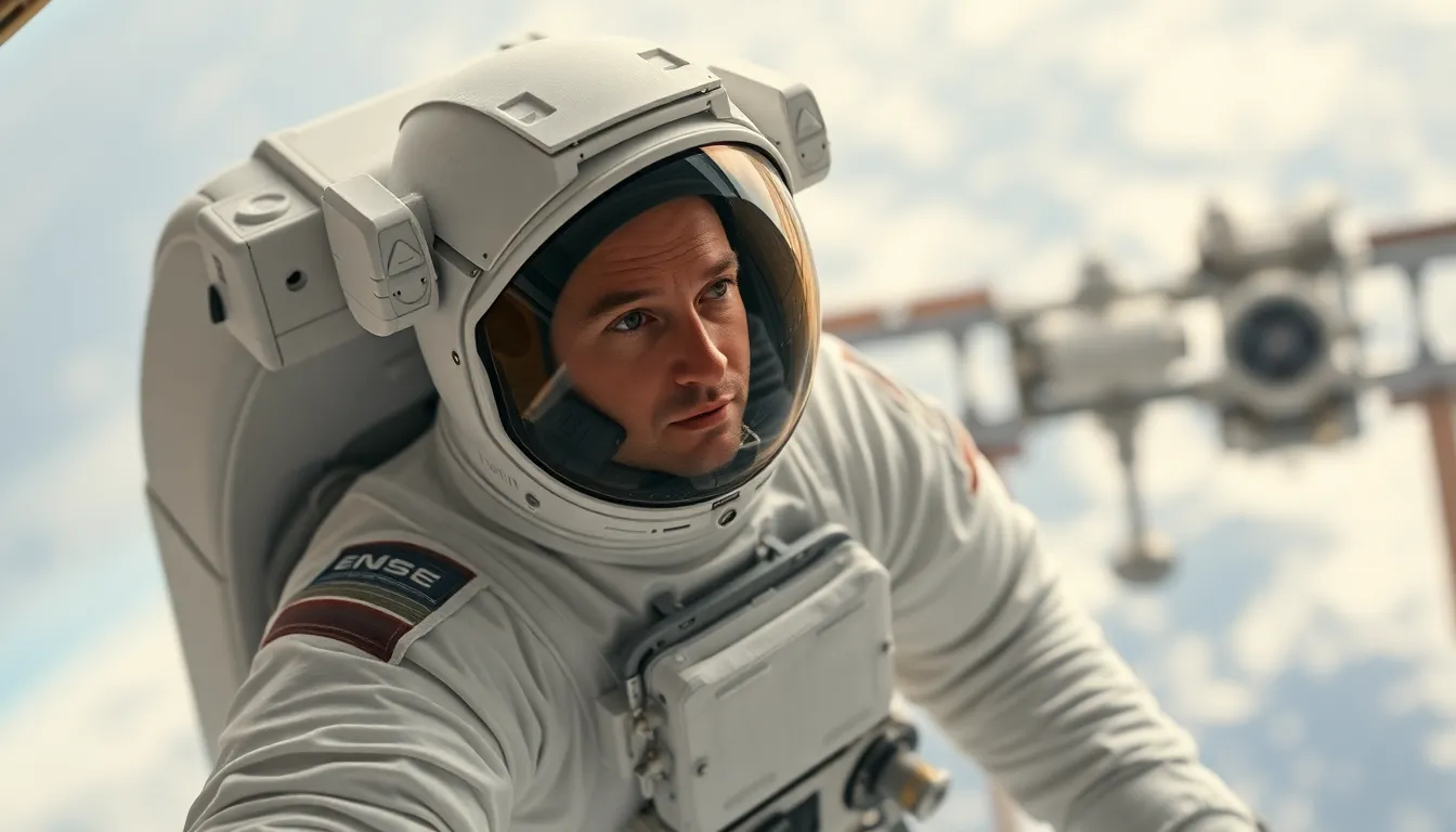 Astronaut Conducting Spacewalk Near ISS