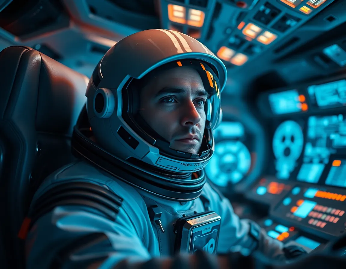 Astronaut in Futuristic Spacecraft Cockpit