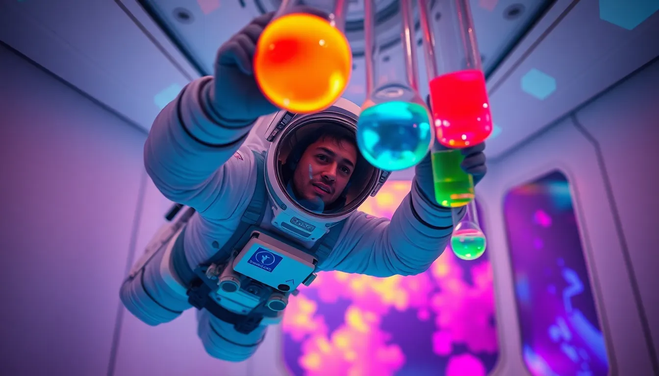Astronaut Conducting Experiments in Zero Gravity In a captivating scene, an astronaut floats effortlessly in a zero-gravity chamber, engaged in delicate experiments with luminescent liquids. The vibrant colors create an otherworldly atmosphere, enhanced by cool and warm lighting that bathes the lab in a surreal glow. This image captures the wonder of scientific discovery and the unique environment of space, inviting viewers into the complexities of space research.
