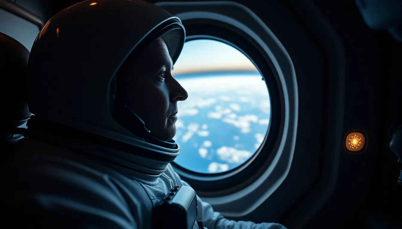 Astronaut Contemplating Earth from Spacecraft An astronaut gazes thoughtfully out of a spacecraft window, observing the majestic rotation of Earth below. The soft interior lighting highlights the astronaut's reflective expression and the delicate textures of their suit, creating an intimate moment of connection with home. This image captures the loneliness and beauty of space travel, emphasizing the stark contrast between the vibrant Earth and the dark cosmos surrounding it. The close-up composition draws viewers into the emotional experience of exploration and longing.