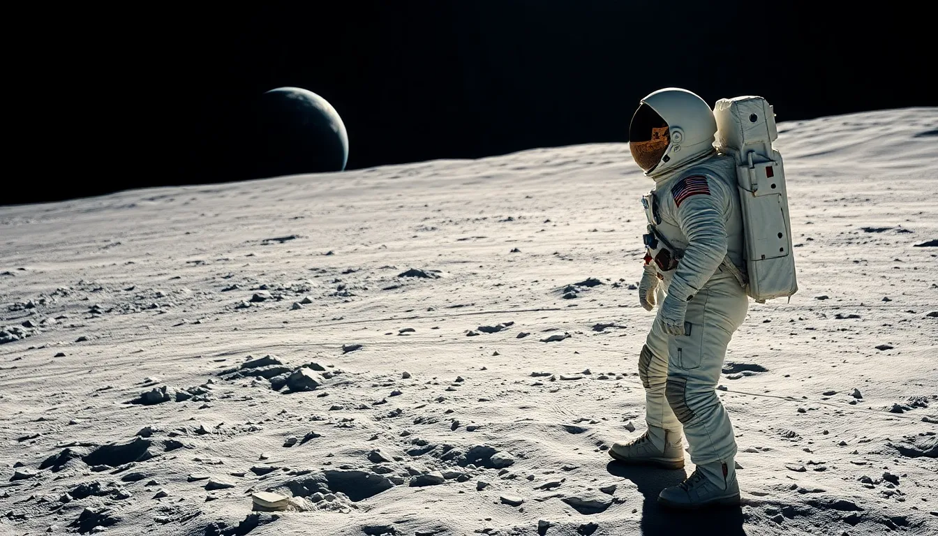 Astronaut on the Moon with Earth in Background