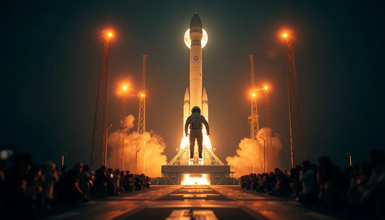 Astronaut Launching from Rocket on Moonlit Night