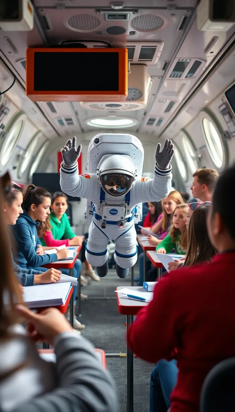 Astronauts in a Zero-Gravity Classroom In a groundbreaking zero-gravity classroom, astronauts float while engaging in an innovative learning experience. Soft daylight filters through the portholes, illuminating the vibrant colors of their clothing and floating materials. The shallow depth of field creates a whimsical effect, adding to the sense of wonder. This dynamic composition captures the essence of education and collaboration in space, showcasing the next generation of explorers.