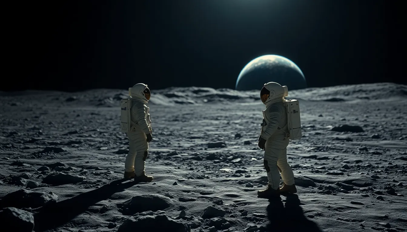 Astronaut on Lunar Surface Observing Earth