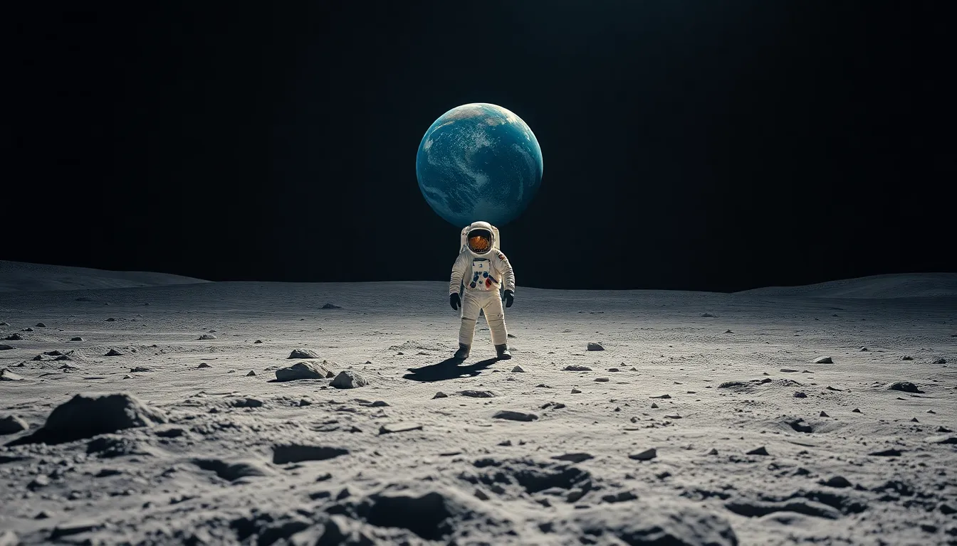 Astronaut Exploring the Lunar Surface This stunning image features an astronaut standing alone on the lunar surface, with Earth visible in the background. Soft moonlight creates an ethereal glow, accentuating the rugged lunar texture and footprint details. The vibrant colors provide a striking contrast, emphasizing the solitude of space exploration. The composition is balanced and symmetrical, inviting viewers to reflect on the vastness of the universe.