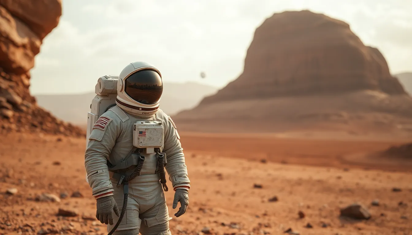 Astronaut Exploring Mars Landscape This captivating image portrays an astronaut standing on the rugged surface of Mars, showcasing the planet's iconic reddish terrain. The soft daylight and light cloud coverage create an evenly lit atmosphere, emphasizing the details of the astronaut's weathered suit. Set against a backdrop of Martian rocks, the image invites viewers into a future of space exploration. Earth's distant presence in the sky adds a profound sense of connection to home.
