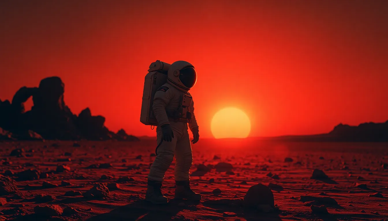 Astronaut Silhouetted Against Martian Sunset