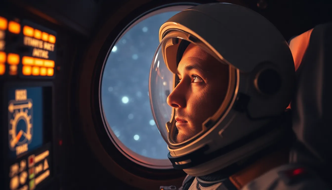 Astronaut Gazing Through Spacecraft Window In a moment of quiet reflection, an astronaut gazes out of a spacecraft window, lost in thought as they observe the vastness of space. The warm light from the cockpit panels softly illuminates their features, creating an intimate atmosphere within the sterile environment of the spacecraft. The stars beyond twinkle like distant dreams, a reminder of the adventure that lies ahead. This striking image captures the emotional essence of exploration and the human desire to reach beyond our planet.