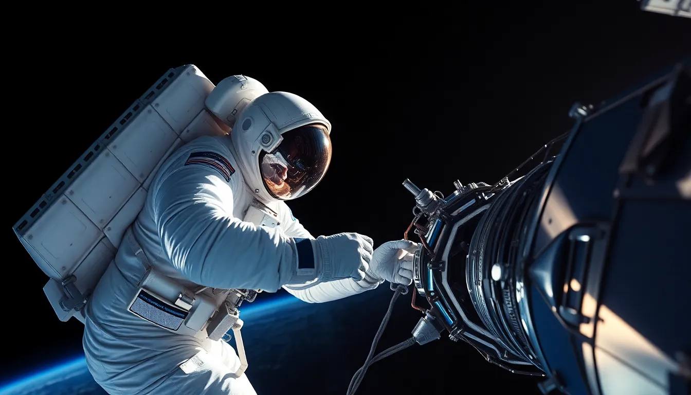 Astronaut Repairing a Satellite in Space