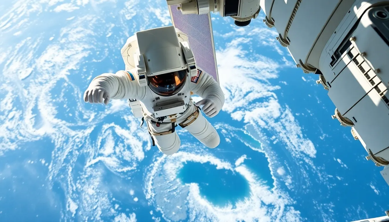 Astronaut Repairing the ISS with Earth Below