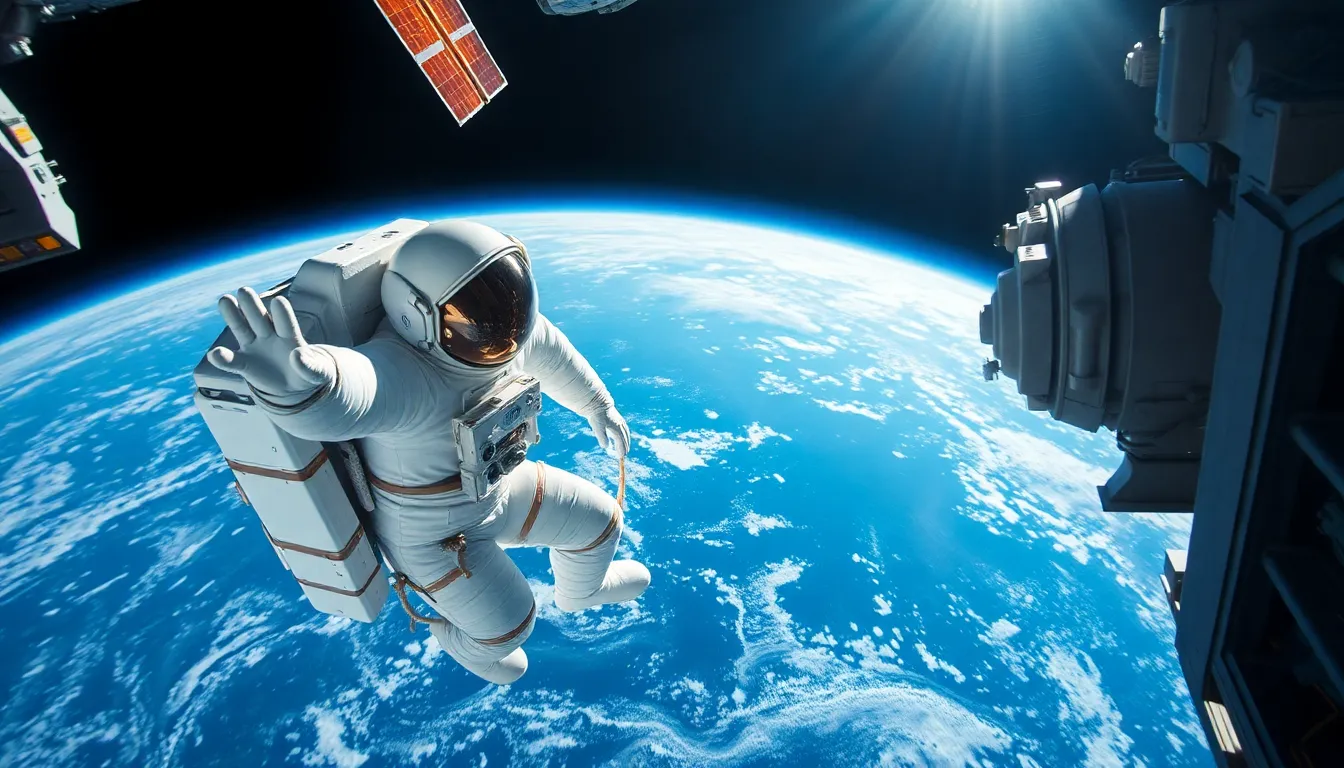 Astronaut Spacewalk Near Earth An astronaut is captured mid-spacewalk floating near the International Space Station, with the breathtaking view of Earth in the background. The photograph features deep blues and bright whites, showcasing the space suit's details against the planet's vivid colors. High contrast from the sunlight creates a dramatic effect, emphasizing the astronaut's freedom and vulnerability in space. The composition elegantly frames the scene, drawing attention to the awe-inspiring view of the Earth.