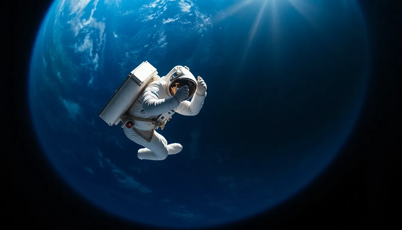 Astronaut Repairing Satellite in Space