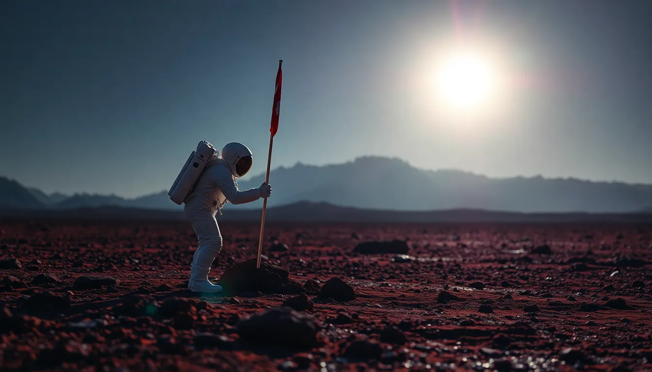 Astronaut Planting Flag on Alien Landscape