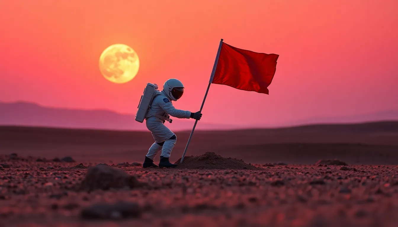 Astronaut Planting Flag on Alien Planet