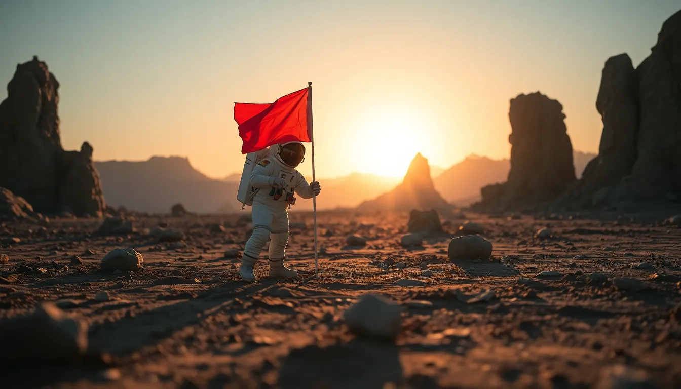 Astronaut Planting Flag on Alien Planet