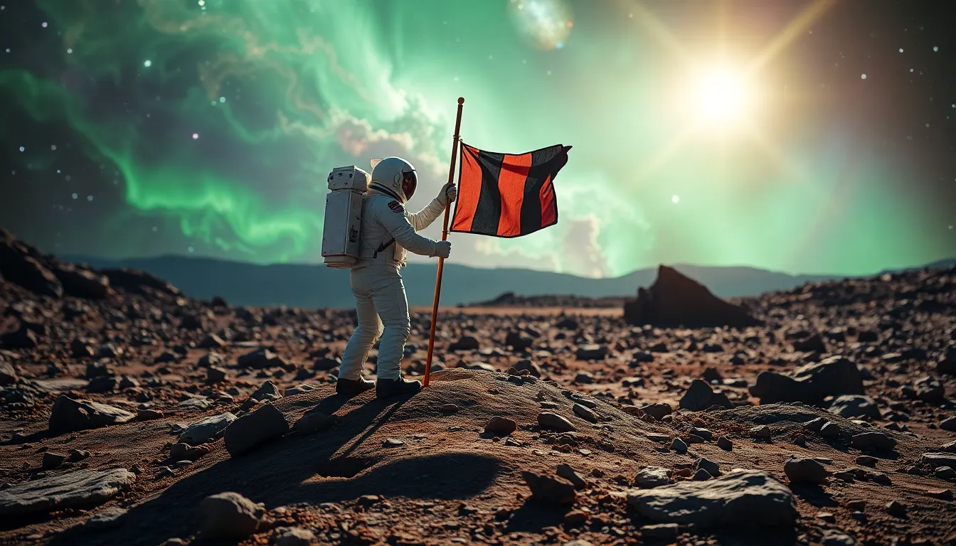 Astronaut Planting Flag on Alien Planet