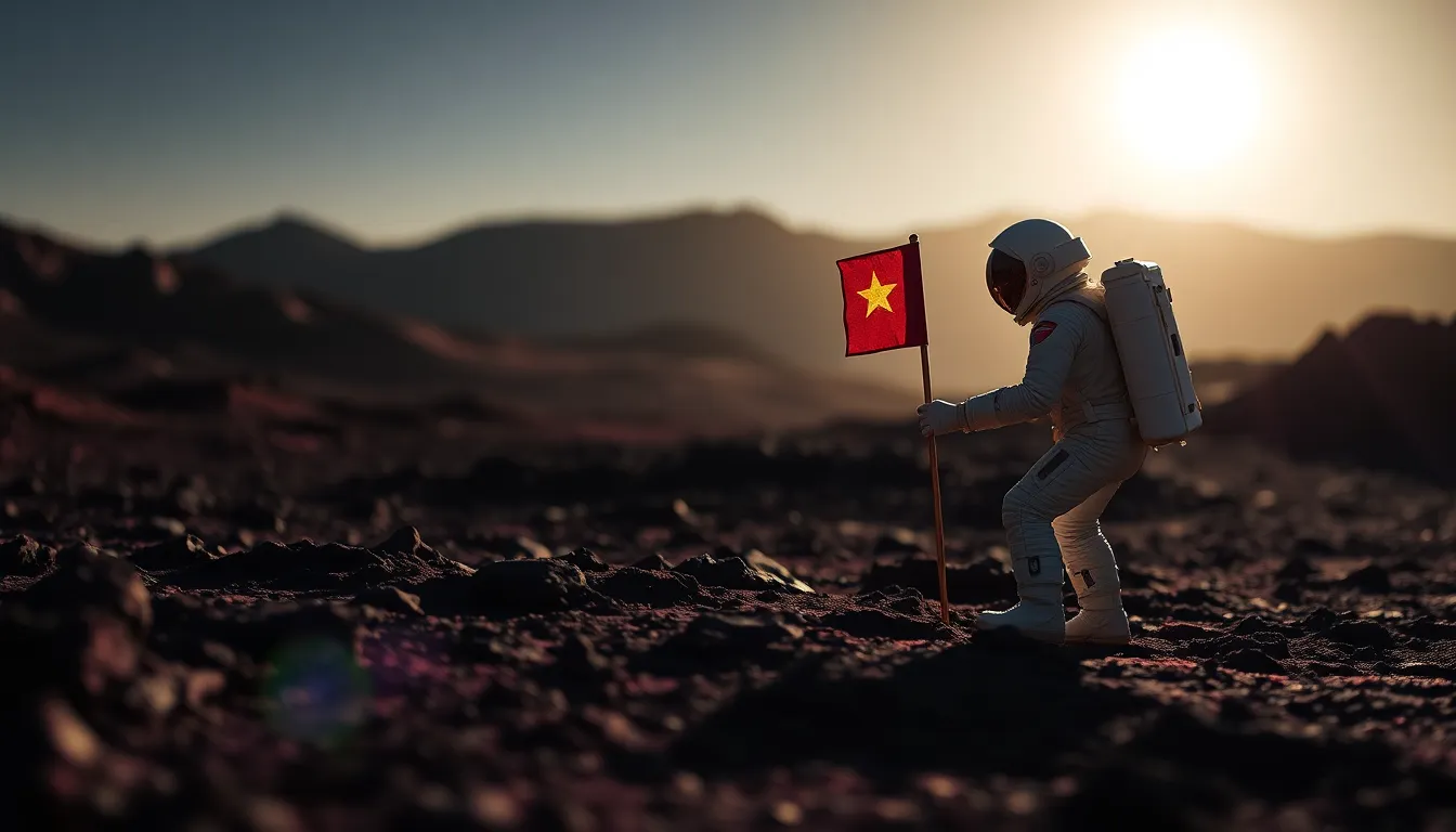 Astronaut Planting Flag on Alien Planet
