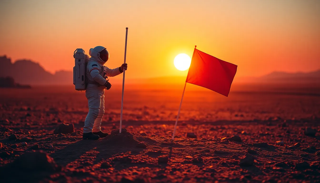 Astronaut Planting Flag on Alien Landscape