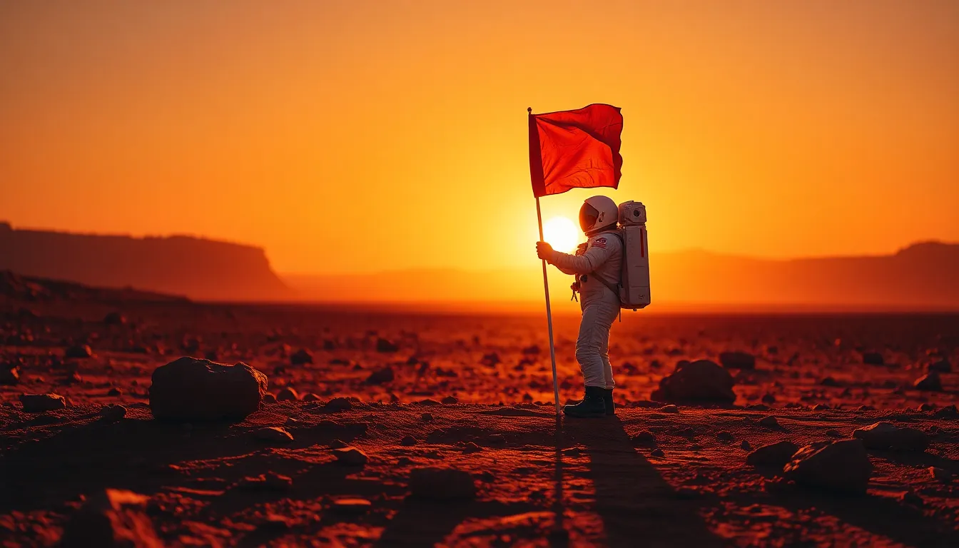 Astronaut Planting a Flag on Mars In this striking image, an astronaut is seen planting a flag on the rugged surface of Mars during a stunning sunset. The golden light casts an ethereal glow over the reddish terrain, enhancing the Martian landscape's unique features. The shallow focus on the astronaut emphasizes their action of claiming this alien world, while the soft background suggests the vastness of Mars. The composition celebrates human exploration, with the flag symbolizing achievement in the realm of the unknown.