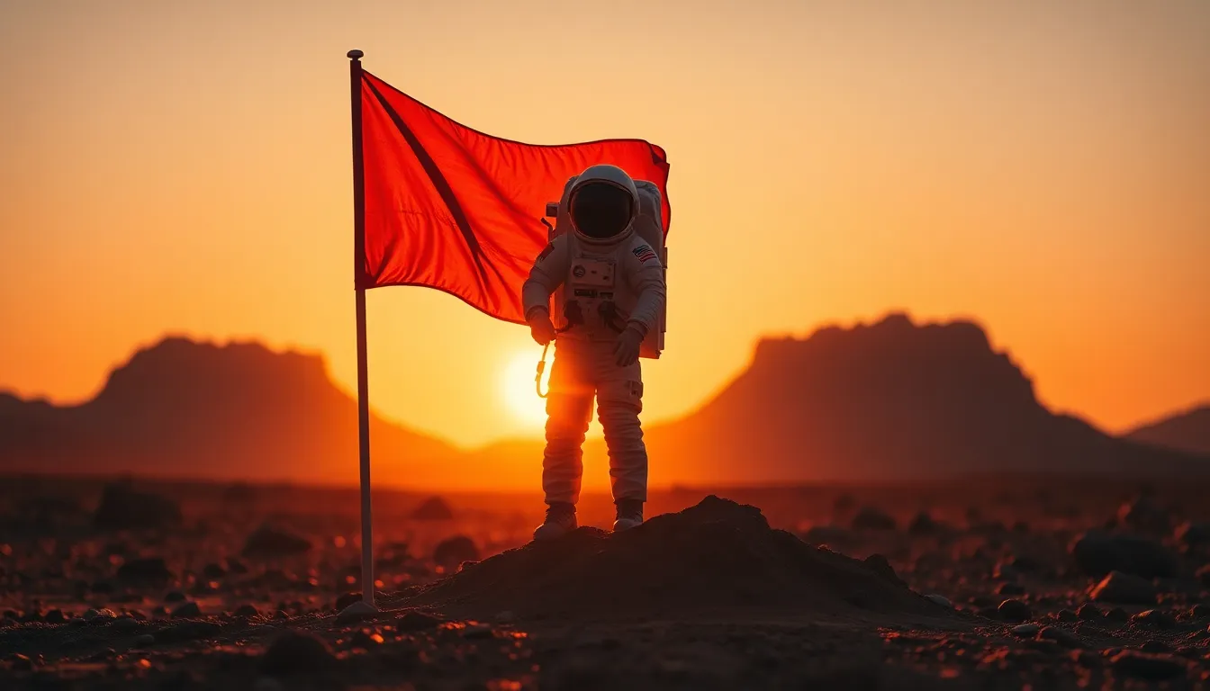 Astronaut Planting Flag on Mars at Sunset