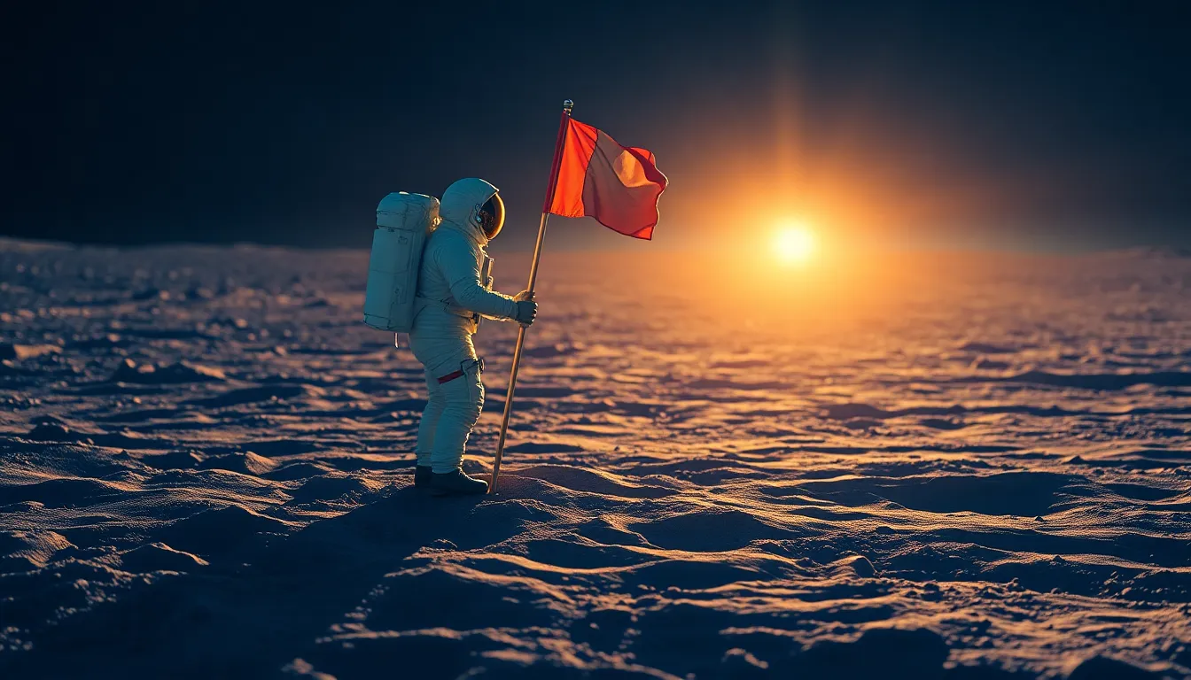 Astronaut Planting Flag on the Moon at Dawn