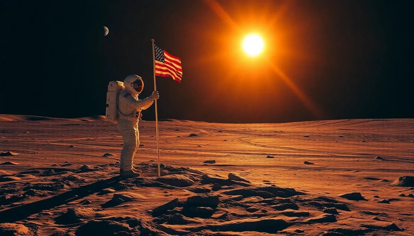 Astronaut Planting Flag on the Moon at Sunset