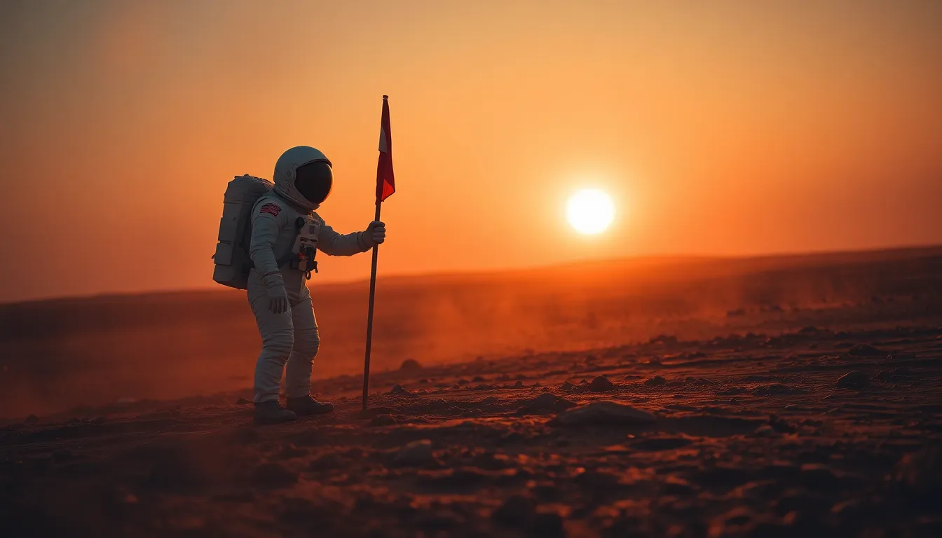 Astronaut Planting Flag on Mars at Sunset This striking image captures an astronaut fiercely planting a flag on the surface of Mars during a breathtaking sunset. The warm tones of the Martian landscape harmonize with the vibrant colors of the setting sun, creating a captivating atmosphere. The focused depth of field brings the astronaut into sharp relief, emphasizing their determination. Dappled sunlight creates enchanting bokeh highlights, enhancing the alien beauty of Mars.