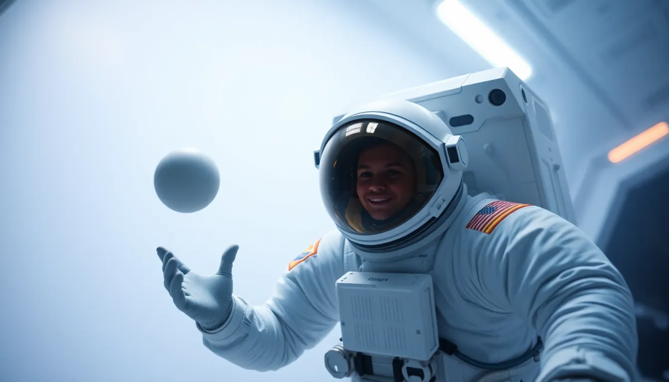 Astronaut Playing with Floating Ball in Space