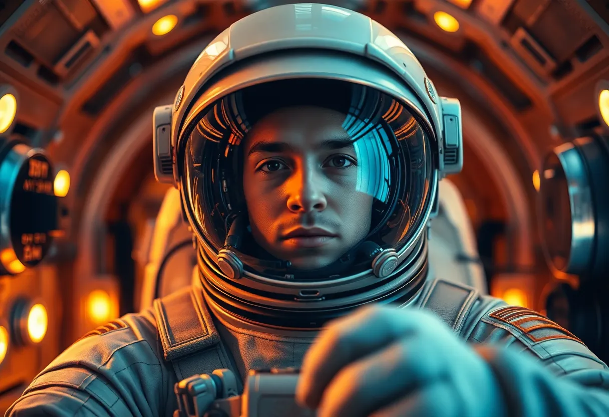 Astronaut Preparing for Space Mission In this intimate scene, an astronaut prepares for a mission inside their spacecraft, with warm tungsten lighting casting a cozy glow. The photograph captures the focused expression on the astronaut's face, showcasing intricate details of their suit and equipment. The warm earth tones contrast beautifully with the metallic surfaces of the spacecraft, creating an intense yet inviting atmosphere. The shallow depth of field enhances the subject's features, immersing viewers in the moment of anticipation before embarking on an extraordinary journey.